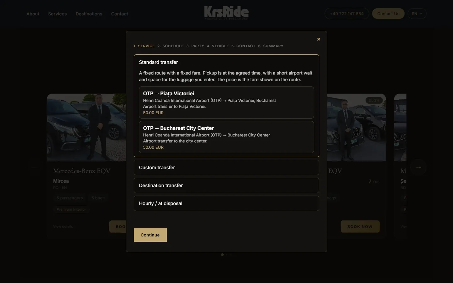 Fereastra de rezervare KRS Ride cu cei 6 pași și cele 4 tipuri de cursă