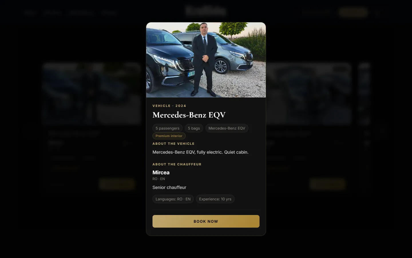 Fișa șoferului Mircea cu Mercedes-Benz EQV: 5 pasageri, 5 bagaje, limbi RO și EN, 10 ani experiență