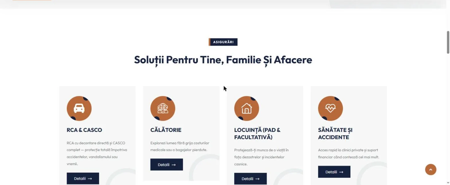 Caruselul cu cele 8 tipuri de asigurări oferite de Top Insurance Broker