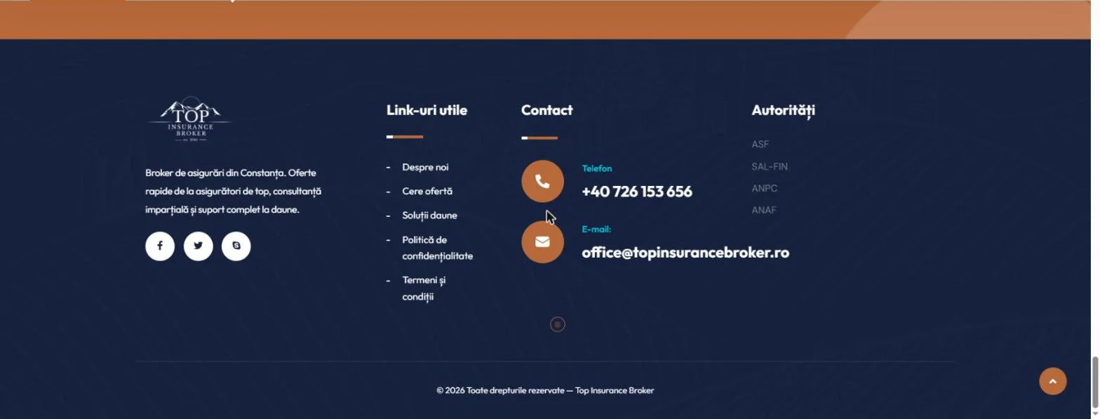 Footer-ul cu contact, linkuri utile și autoritățile ASF, SAL-FIN, ANPC, ANAF