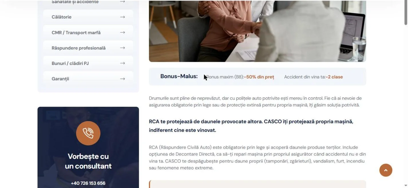 Pagina RCA cu meniul lateral al asigurărilor, bara Bonus-Malus și textul despre RCA și CASCO